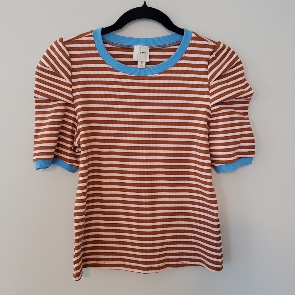 Maeve By Anthropologie Puff Sleeve Striped Boho Knit Top MEDIUM Ribbed Stretch